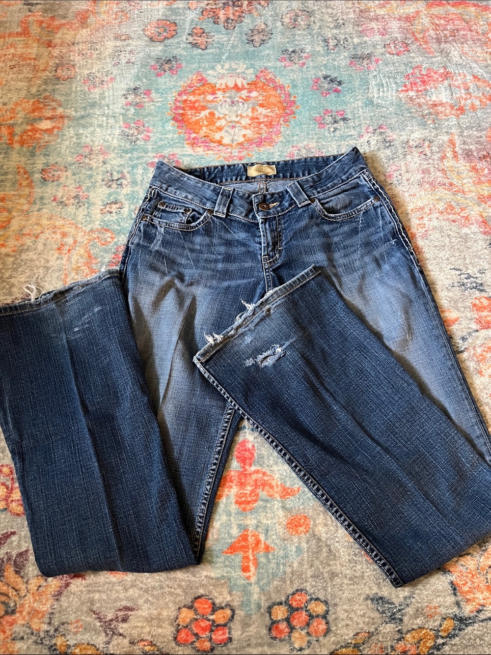 BKE Women's Dark Blue Distressed Boot Cut Jeans